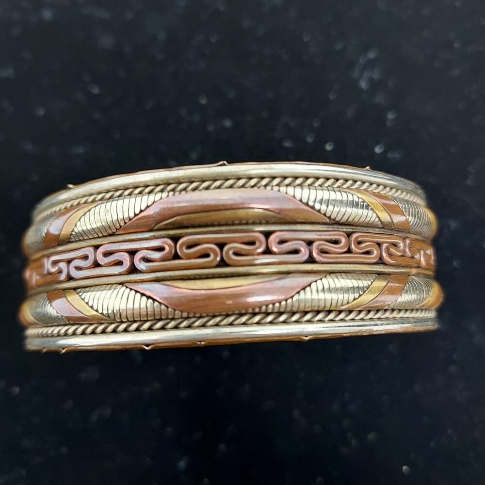 Vintage Tibetan Copper Brass Cuff Bracelet Mixed Metal Heavy Ornate Adjustable